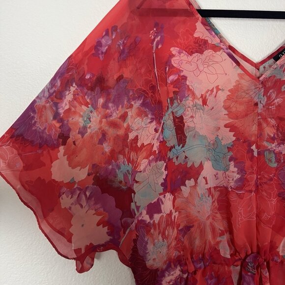 a.n.a Women Plus Size 2X Red Floral Flutter Chiffon Waist Tie V- Neck Blouse Top - Picture 3 of 11